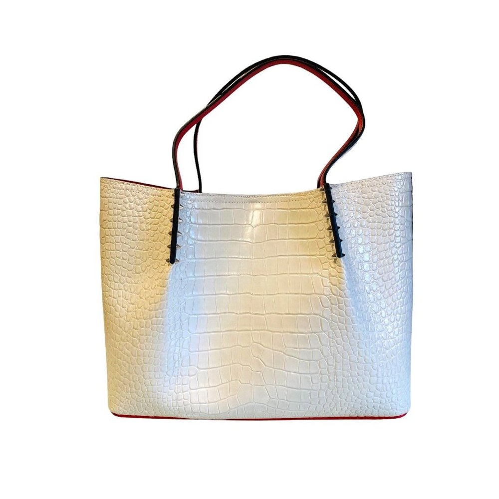 Christian Louboutin Cream Cabarock Large Leather Croc Studded Tote Shoulder Bag